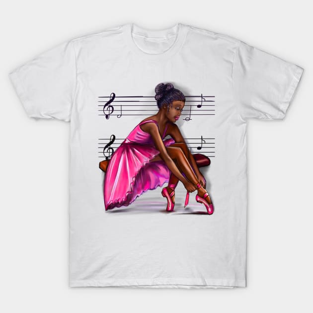 ballerina getting ready to dance, lacing her ballet shoes 2 - brown skin ballerina. Top 10 Best ballerina gifts. Top 10 gifts for black women T-Shirt by Artonmytee